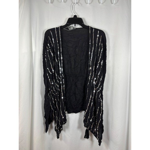 Vince Camuto Other - Vince Camuto Black Crinkle Gauze Sequin Stripe Kimono Wrap Tassel Accent OS